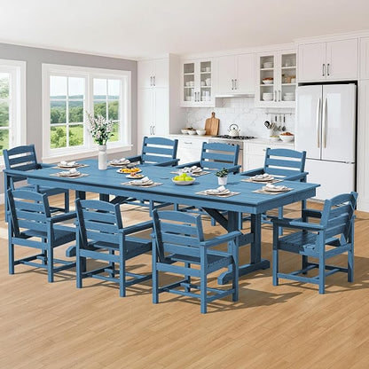 SERWALL 9 Piece 84" HDPE Outdoor Dining Set for 8 with Armchairs and Umbrella Hole, Blue