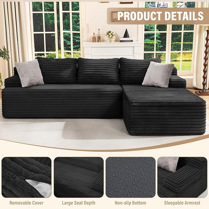 Hobestluk Boneless Couch Modular Sectional Sofa L-Shape Cloud Couch Lounge | 96" Right Facing Chaise Black,Memory Foam,Removable Cover,Non-slip Bottom,No Assemble Required,Furniture for Small Home