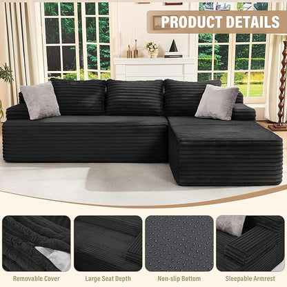 Hobestluk Boneless Couch Modular Sectional Sofa L-Shape Cloud Couch Lounge | 96" Right Facing Chaise Black,Memory Foam,Removable Cover,Non-slip Bottom,No Assemble Required,Furniture for Small Home