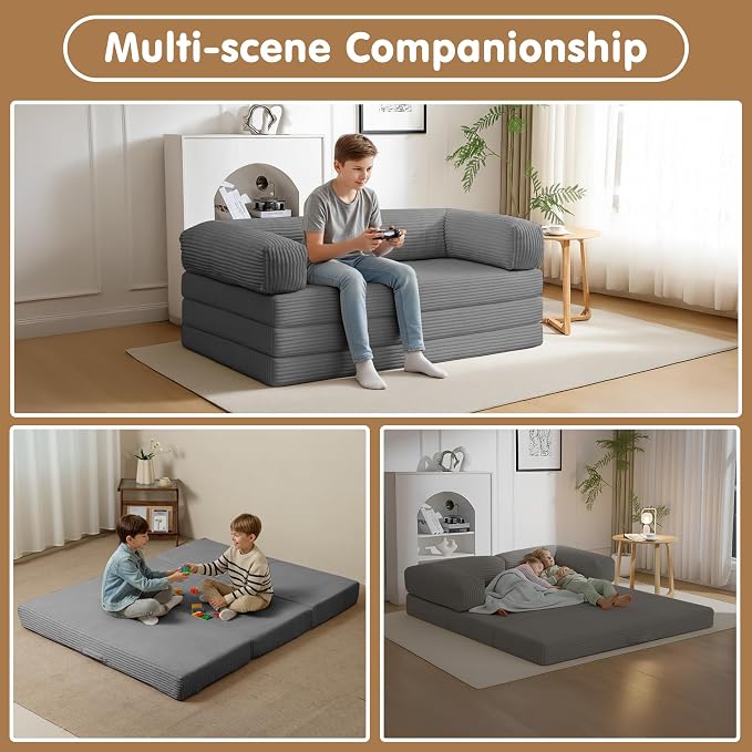 Convertible Sofa Bed,5-in-1 Tri-Fold Boneless Couch with Removable Armrests & Handle,Corduroy Futon Sleeper Sofa,Floor Folding Mattress Pull Out Bed for Small Space Apartment Living Room Bedroom