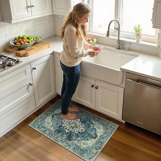 RELEANY Area Rugs Small 2'x3' Washable Non-Slip, Floral Vintage Distress Medallion Carpet for Kitchen Entryway Bathroom, Dark Blue Vintage