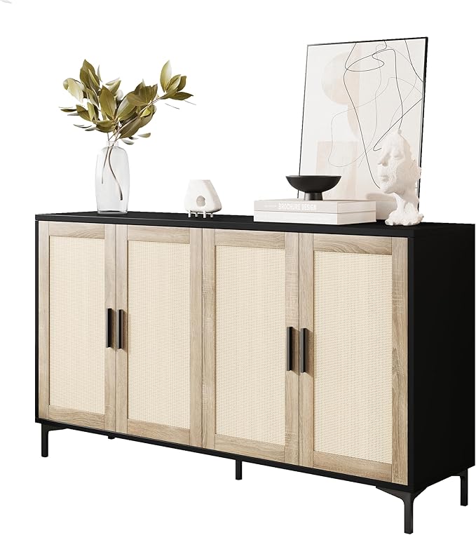 JASIWAY Sideboard Buffet Cabinet with Storage, 48" Rattan Coffee Bar | Credenza Storage Cabinet With Doors and Shelves, Black Rattan Cabinet for Dining Room, Entryway and Living Room, Anti-Tip
