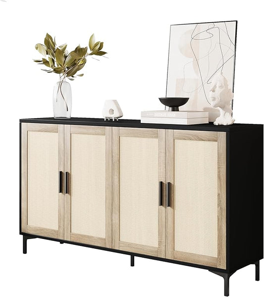 JASIWAY Sideboard Buffet Cabinet with Storage, 48" Rattan Coffee Bar | Credenza Storage Cabinet With Doors and Shelves, Black Rattan Cabinet for Dining Room, Entryway and Living Room, Anti-Tip