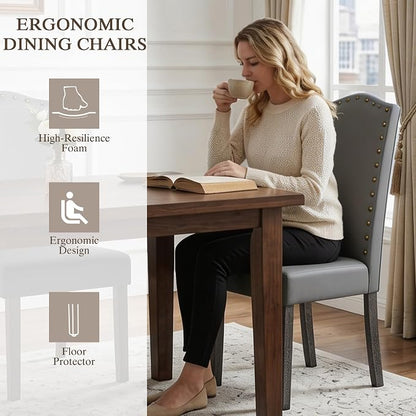 LSSBOUGHT Dining Chair Upholstered Parsons Kitchen Chair with Copper Nails and Solid Wood Legs (Gray-pu, Set of 6)