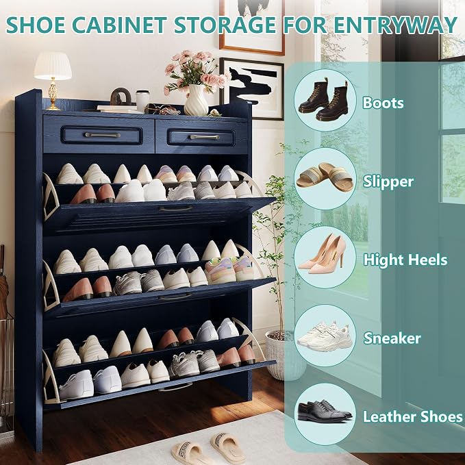 Shoe Cabinet with 3 Large Flip Drawers and 2 Storage Drawers, Narrow Shoe Organizer Cabinet Fits for Kinds of Shoes, Hidden Shoe Storage Cabinet for Entryway, Hallway, Blue