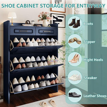 Shoe Cabinet with 3 Large Flip Drawers and 2 Storage Drawers, Narrow Shoe Organizer Cabinet Fits for Kinds of Shoes, Hidden Shoe Storage Cabinet for Entryway, Hallway, Blue