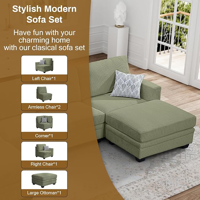 Legend Vansen U-Shaped Modular Sectional Sofa, Corduroy Couch with Ottoman, Deep Seat & Removable Cushion, 6-Seat Oversized Sofa, Easy Assembly for Living Room Apartment