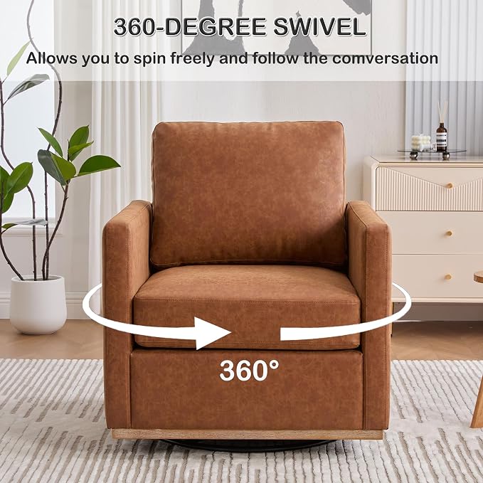 Swivel Accent Chair, 360 Degree Square Swivel Chair for Living Room, Mid Century Modern Upholstered Barrel Chair,Comfy Sofa Armchairs for Bedroom,Nursery,PU Leather, Brown