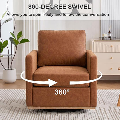 Swivel Accent Chair, 360 Degree Square Swivel Chair for Living Room, Mid Century Modern Upholstered Barrel Chair,Comfy Sofa Armchairs for Bedroom,Nursery,PU Leather, Brown