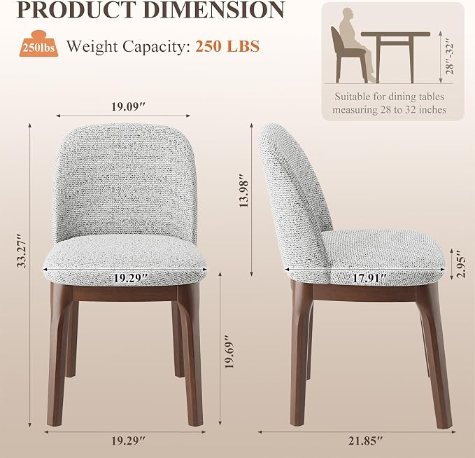 MALOL Upholstered Dining Chairs with Thickened Solid Wood Legs, Mid Century Modern Kitchen & Dining Room Chairs Set of 2, Comfortable Side Chairs for Dining Room, Kitchen, Light Grey