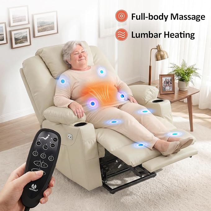 MCombo Power Lift Recliner Chair for Elderly R7042(Cream White, Small-Wide) | Heat and Massage, Breathable Faux Leather, USB& Type C Charging Port, FSC Certified