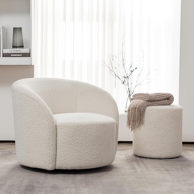 KINWELL 34" Boucle Swivel Barrel Chair with 18" Round Ottoman Set, Fully Assembled Set of Sherpa Accent Chair and Footrest, Modern Comfy Armchair and Footstool for Living Room and Bedroom, Cream