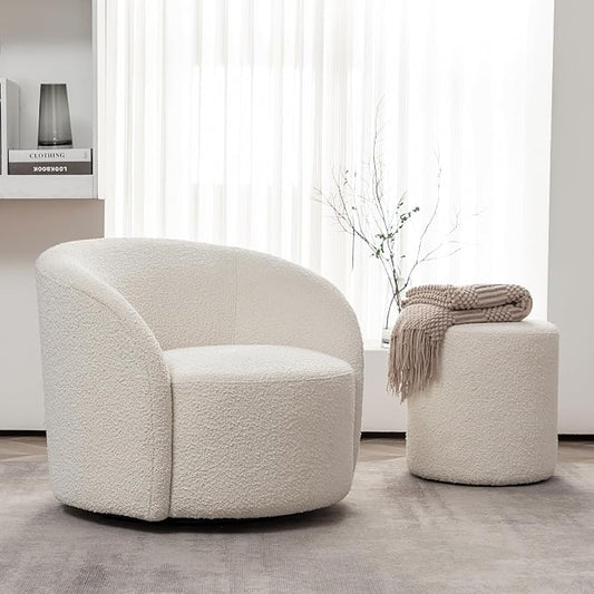 KINWELL 34" Boucle Swivel Barrel Chair with 18" Round Ottoman Set, Fully Assembled Set of Sherpa Accent Chair and Footrest, Modern Comfy Armchair and Footstool for Living Room and Bedroom, Cream