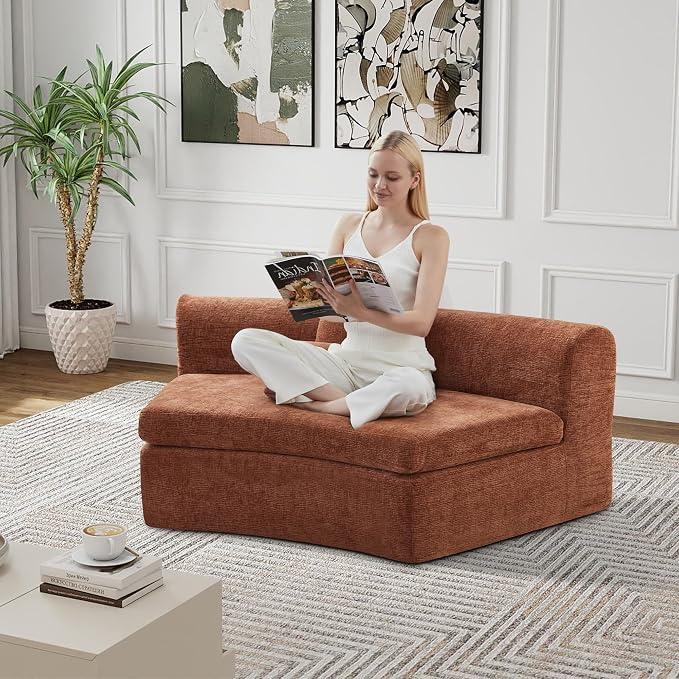 AVZEAR Curved Modular Sectional Sofa, Chenille Upholstered Cloud 1 Seater Couch for Living Room, No Assembly Modern Love Seat Sofa with 1 Bolster Pillows & 1 Square Pillows, High-Density Foam, Orange