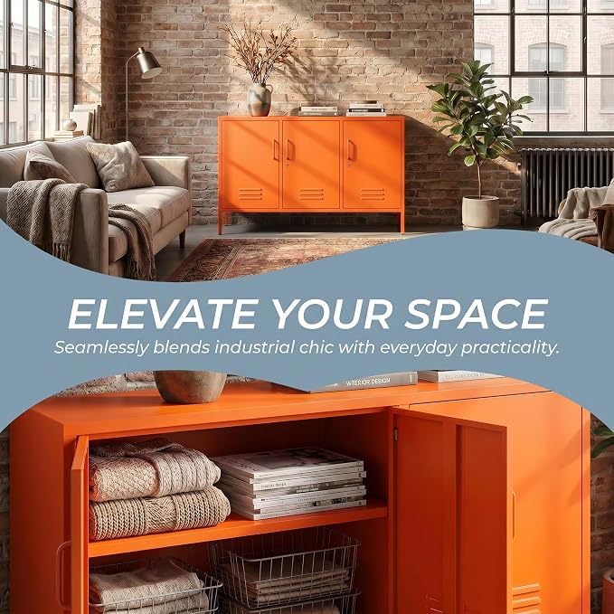 Orange Metal Storage Cabinet 3 Door Wide Metal Storage Cabinet 2 Layer Adjustable Shelves 32 "H Wide Steel Lockable Storage Cabinet Multipurpose Metal Accent Cabinet for Office/Home/Dining