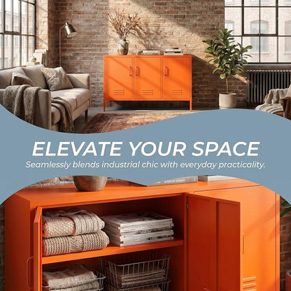 Orange Metal Storage Cabinet 3 Door Wide Metal Storage Cabinet 2 Layer Adjustable Shelves 32 "H Wide Steel Lockable Storage Cabinet Multipurpose Metal Accent Cabinet for Office/Home/Dining