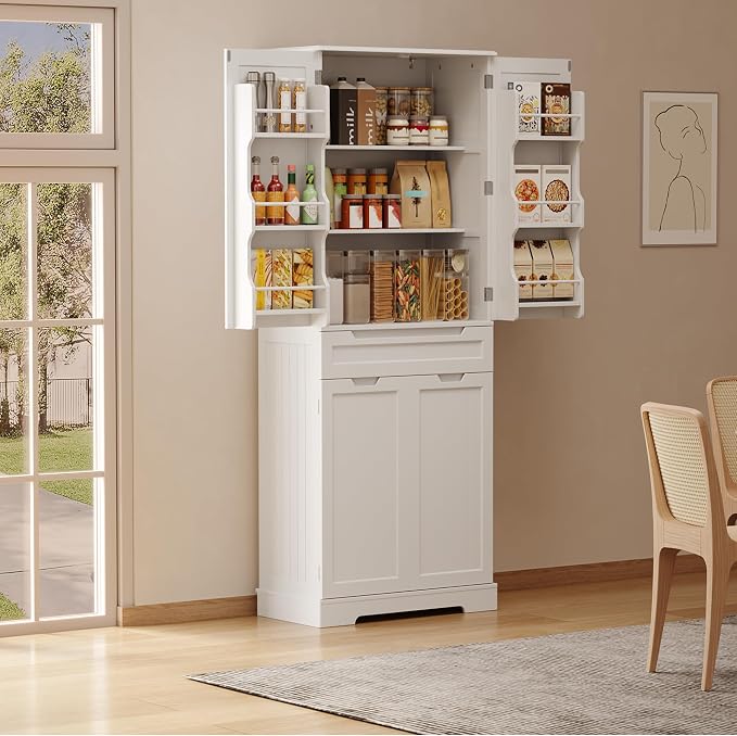 Gizoon 70" Tall Kitchen Pantry Cabinet with Doors and Adjustable Shelves, Pantry Storage Cabinet with Drawer Freestanding Organizer for Small Kitchen Bathroom Laundry Room, Painted White