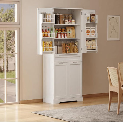 Gizoon 70" Tall Kitchen Pantry Cabinet with Doors and Adjustable Shelves, Pantry Storage Cabinet with Drawer Freestanding Organizer for Small Kitchen Bathroom Laundry Room, Painted White