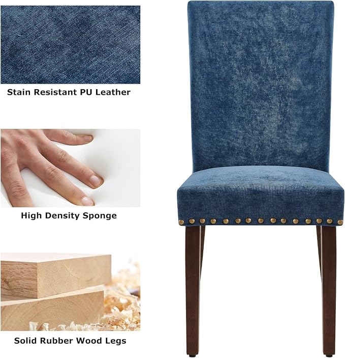 COLAMY Upholstered Parsons Dining Chairs Set of 2, Fabric Dining Room Kitchen Side Chair with Nailhead Trim and Wood Legs - Dark Blue
