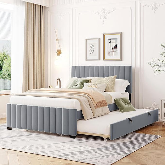 Bellemave Full Bed Frame with Trundle Bed,Velvet Upholstered Platform Bed Frame,Full Size Trundle Bed with Headboard for Kids Teens Adults(Gray)