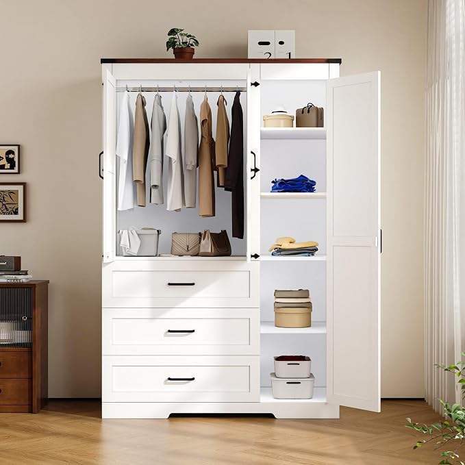 3 Door Armoire Wardrobe Closet Cabinet with 3 Drawers and Drawers, Farmhouse Bedroom Armoire with Hanging Rod and Adjustable Shelves, Large Capacity Storage Wardrobe Armoire for Bedroom, White