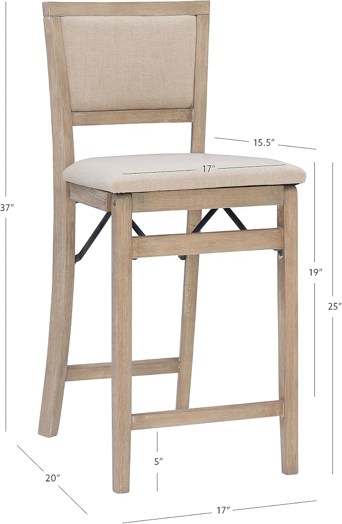 Linon Keira Natural Rustic Wooden Folding 25 Inch Seat Height Counter Stool with Beige Upholstered Seat and Back
