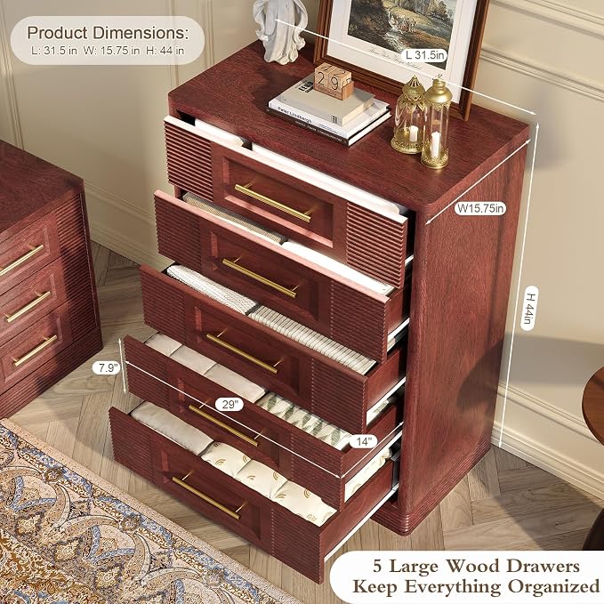 RECHHX Farmhouse 5 Drawers Dresser for Bedroom, 44" Tall Modern Chest of Drawers, Wooden Thermoformed Curved Dresser Organizer for Bedroom, Living Room, Walnut Cherry