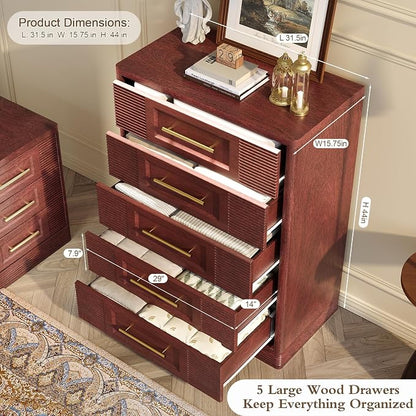 RECHHX Farmhouse 5 Drawers Dresser for Bedroom, 44" Tall Modern Chest of Drawers, Wooden Thermoformed Curved Dresser Organizer for Bedroom, Living Room, Walnut Cherry