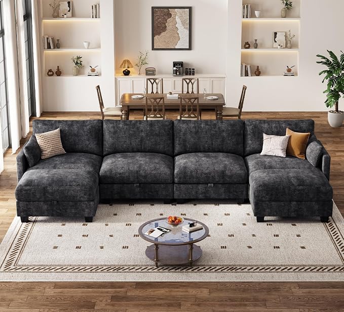 Modular Sectional U Shaped Sofa Couches for Living Room, Cloud Couch with Storage Ottoman, Comfy Chenille Sofa with Pillow, Black