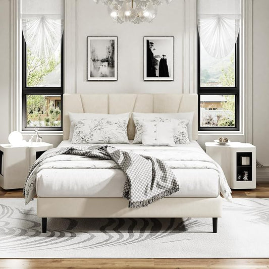 Sismplly Full Size Platform Bed Frame with Upholstered Headboard, Wooden Slats Support, Noise Free, No Box Spring Needed, Easy Assembly, Beige, Velvet