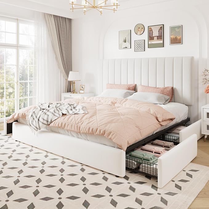Allewie King Size Storage Bed Frame, Vertical Channel Tufted Adjustable Headboard, Velvet Upholstered Platform Bed with 4 Oversized Underbed Drawers, Wooden Slats Support, No Box Spring Needed, White