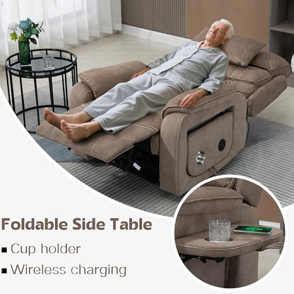 JIKFRIMA Power Lift Recliners Chairs for Elderly Adults Lay Flat Recliner with Heat & Massage, Wireless Charging Device, USB Ports, Cup Holder, Lumbar Pillow, 400Lbs（Velvet Fibric,Light Brown）