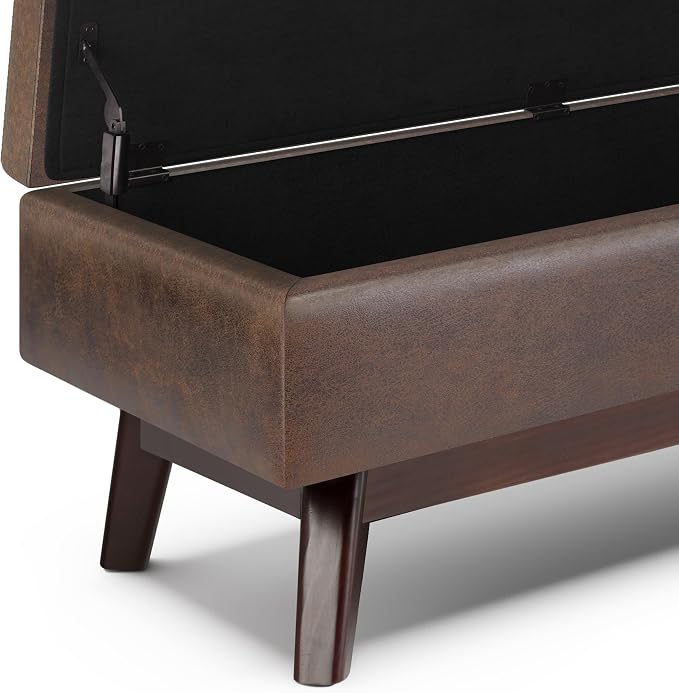 SIMPLIHOME Owen Rectangular Storage Ottoman - 48 inch Wide Upholstered Vegan Leather Lift-Top Ottoman in Distressed Chestnut Brown, Mid-Century Modern Ottoman for Living Room with Tufted Detail