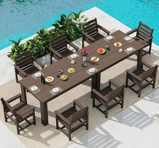 SERWALL HDPE Dining Set for 8: 2 Umbrella Hole Tables + 8 Chairs. for Garden, Backyard, Poolside. Coffee