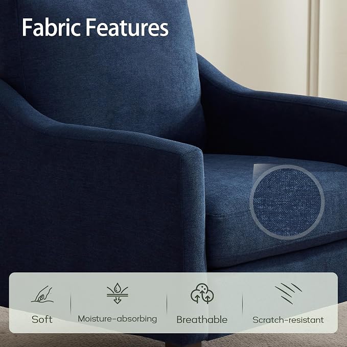 VKNOW Mid-Century Accent Chair, No Tools Assembly Required, Modern Upholstered Polyester Armchair for Living Room,Comfy Reading Accent Chairs with Wood Legs for Bedroom, Navy Blue