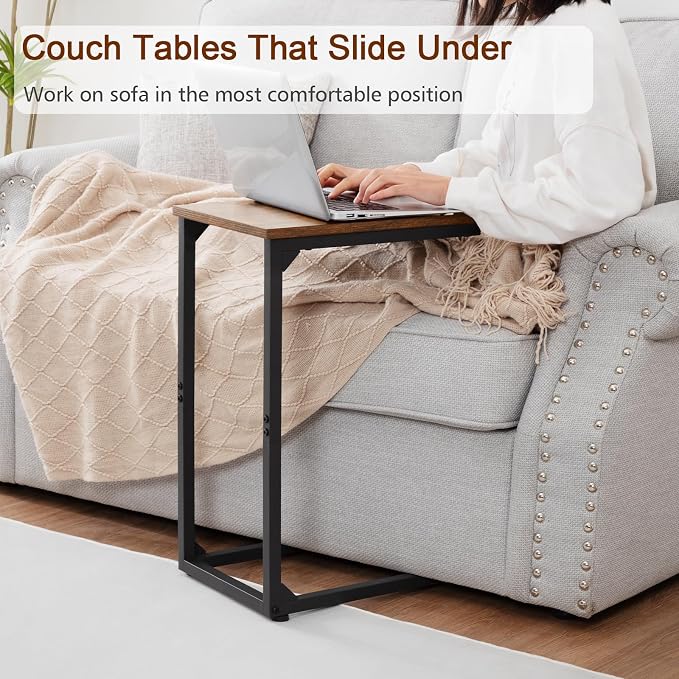 AMHANCIBLE C Shaped End Table Set of 2, Couch Side Table that Slide Under Sofa, Narrow Small Space TV Trays for Living Room, Bedroom, Rustic Brown HET02CBR