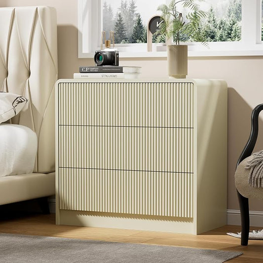 Furniway 32” Nightstand with 3 Drawers, Modern Bedside Table with Storage, Large Night Stand for Bedroom, End Table for Living Room, Beige