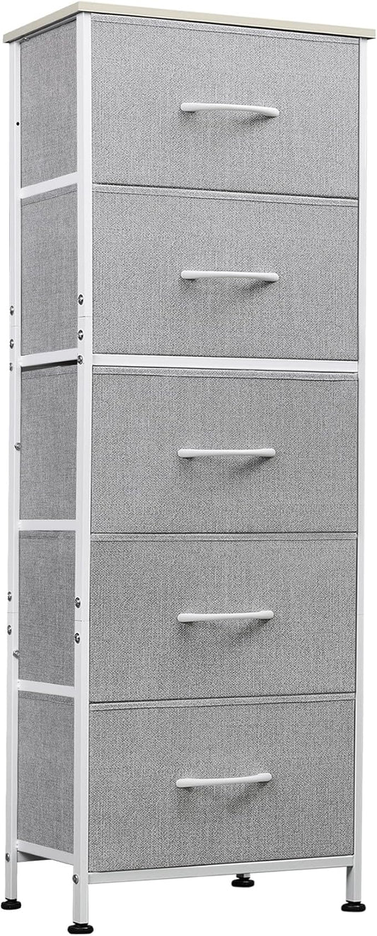 WLIVE Fabric Dresser, 5-Drawer Tall Dressers for Bedroom, Storage Dresser Organizer with Fabric Bins, Wood Top, Sturdy Steel Frame, Chest of Drawers for Closet, Hallway, Light Grey