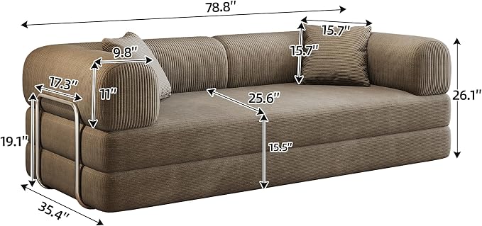 JINGLING 79" Queen Sleeper Sofa Bed with Memory Foam, Compressed Couch in a Box, Foldable Convertible Small Couches for Small Spaces Bedroom Game Room, Corduroy Fabric, Camel