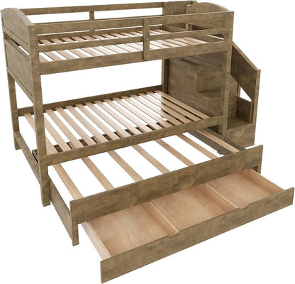 RUNNA Twin XL Bunk Bed with Trundle, Storage Stairs,Kids Bedroom,Walnut | Twin XL bunk bed with trundle, storage stairs, solid wood frame, guardrails, no box spring needed,Walnut, space saving