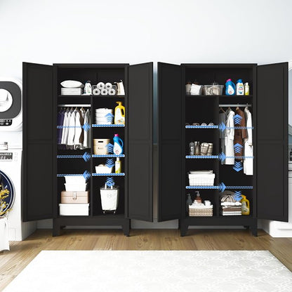 Metal Wardrobe Closet with Doors, 71" H Armoire Wardrobe Closet with 3 Adjustable Shelves and Hanging Rod, Steel Clothing Storage Cabinet for Bedroom, Home, Employee, Gym, Office, Black