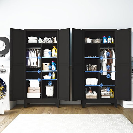 Metal Wardrobe Closet with Doors, 71" H Armoire Wardrobe Closet with 3 Adjustable Shelves and Hanging Rod, Steel Clothing Storage Cabinet for Bedroom, Home, Employee, Gym, Office, Black