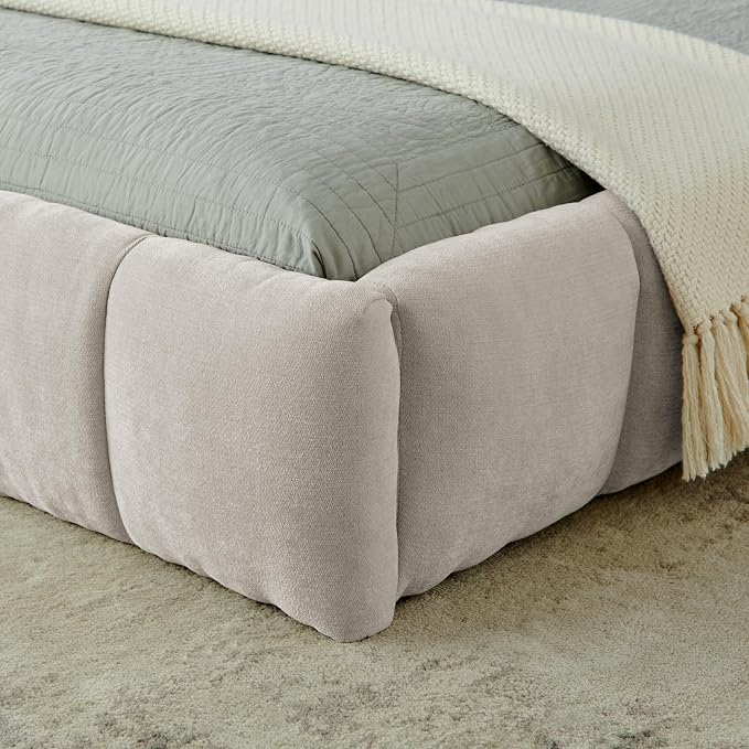 KEIKI California King Thick Chenille Platform Bed Frame with Upholstered Tufted Headboard, Modern Solid Wood Floor Platform for Bedroom, No Box Spring Needed