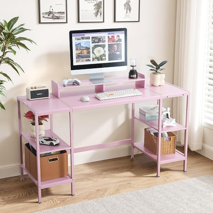 MINOSYS Computer Desk 55-inch with Storage Shelf - Pink Ideal Gaming Desk for Bedrooms, Small Spaces, and Home Offices Modern Writing Desk for PCs.