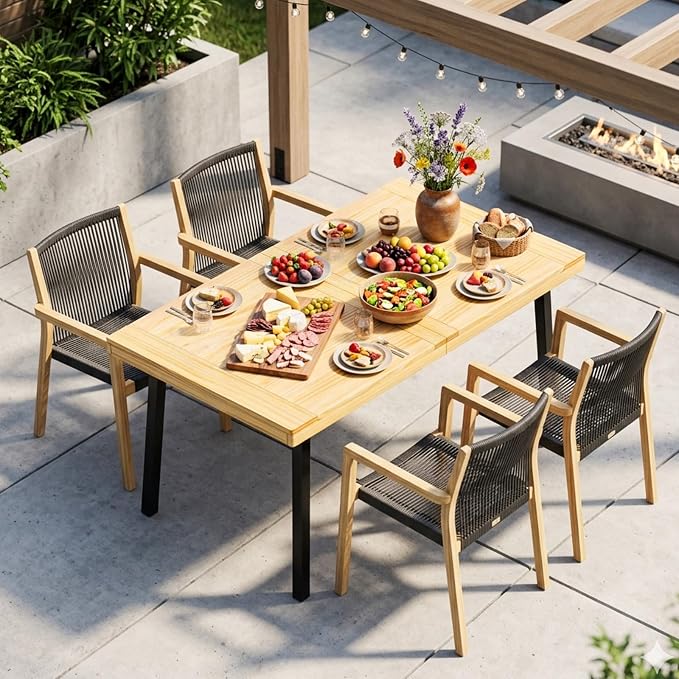 VINGLI 48 Inch Solid Wood Dining Table for 4-6, Oak Rectangular Kitchen Table with Waterproof Tabletop for Indoor & Outdoor Use, Pine Wood Dinner Table for Patio, Dining Room, Kitchen, Apartment