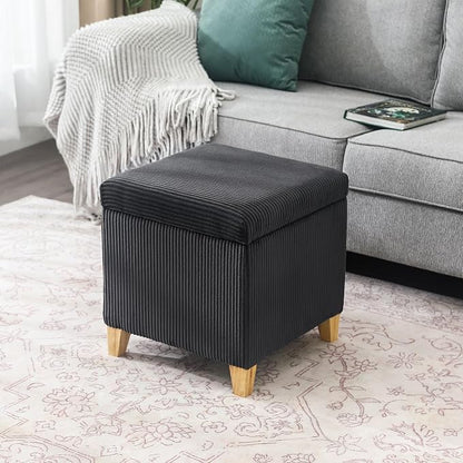 Adeco Faux Fur Storage Ottoman Cube, 18" High Fluffy Grey Foot Stool with Hinged Lid, Upholstered Small Bench for Living Room Bedroom, Solid Wood Legs