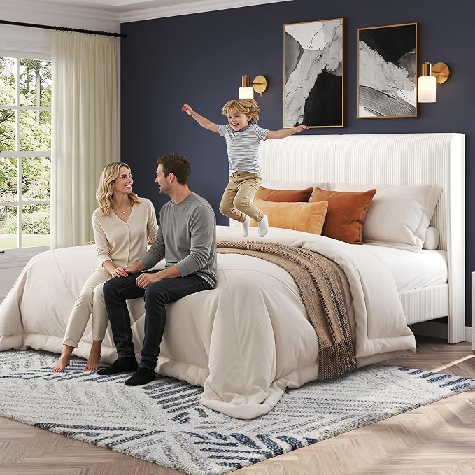 AMERLIFE Full Bed Frame, Upholstered Platform Bed with Corduroy Headboard, Easy Assembly Modern White Bed Frame with Wooden Slats Support, No Box Spring Needed