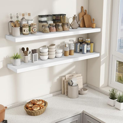 Fun Memories 55 Inch Fireplace Mantel Shelf, 10 Inch Deep Shelves for Display & Wall Storage, Rustic Wood Wall Shelf, Extra Long Floating Shelves for Living Room Laundry Room, White, Set of 2
