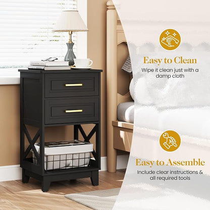 May in Color Nightstand Set of 2, 30" Tall Side Table with 2 Drawers and Open Shelf, Bedside Table with Solid Feet, Modern End Table for Bedroom, Home Office, Black