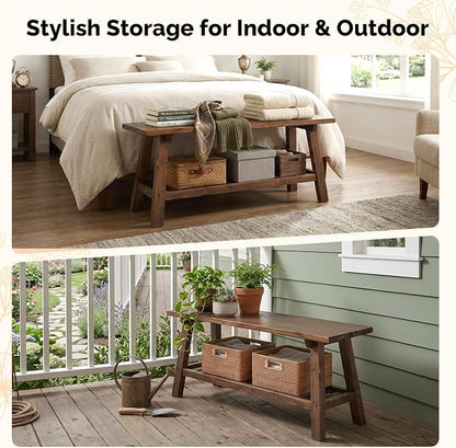 VINGLI Rustic Storage Bench, Solid Wood Seat with Storage Shelf, Indoor Outdoor Shoe Rack, 450lbs Capacity Small Outdoor Bench for Mudroom Entryway Patio Porch (Brown, 43in)